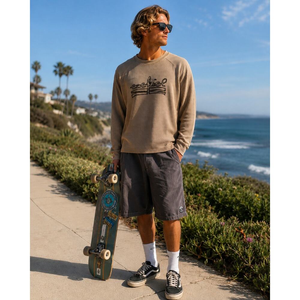 Vintage Ezekiel Thermal Surf Skate Long Sleeve Tan Shirt Size Large Y2K Cali
